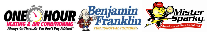 mister sparky logo, benjamin franklin plumbing logo, and one hour heating and air conditioning logo