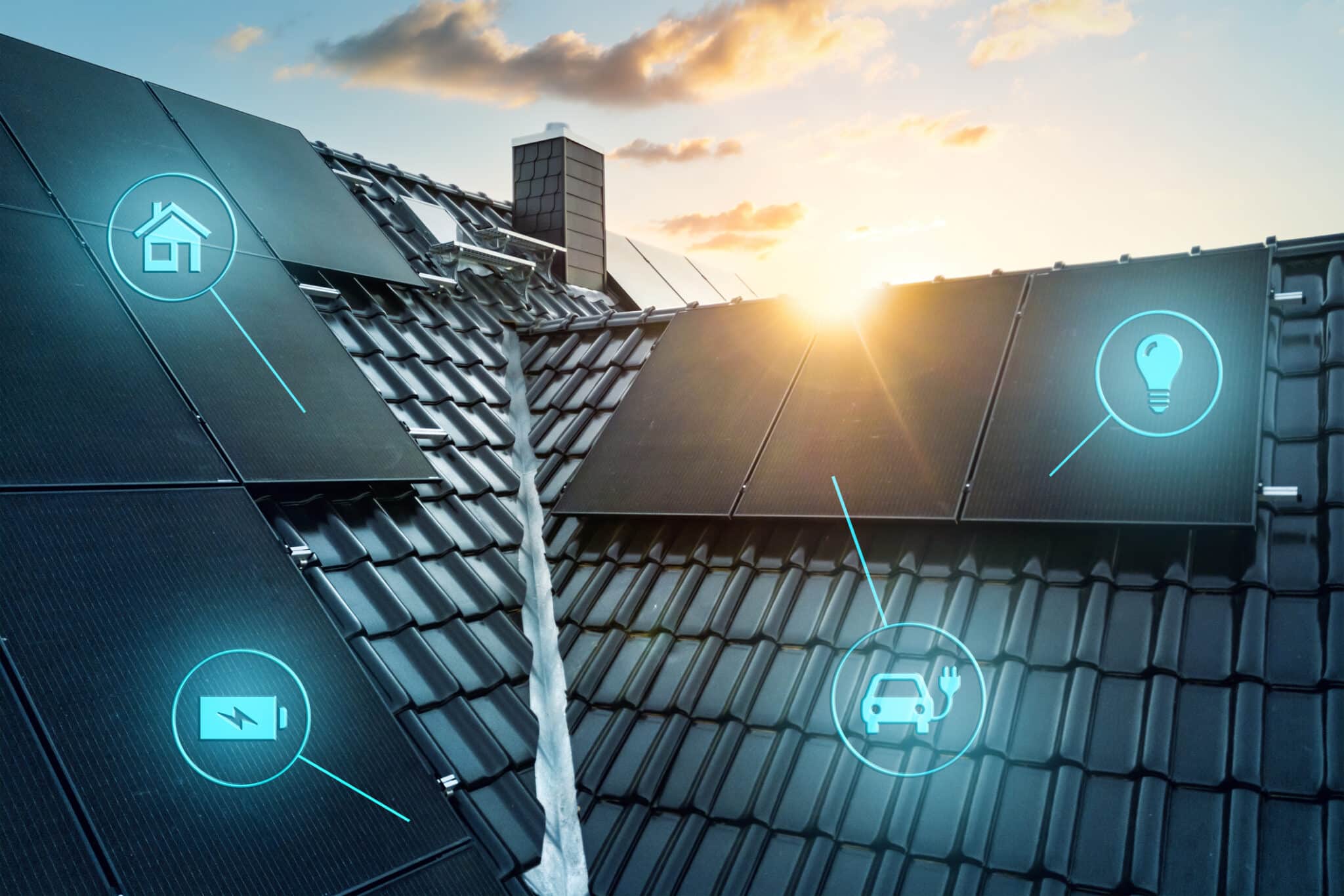 Modern smart home roof with solar panels and technology icons, Electrical System Configuration.